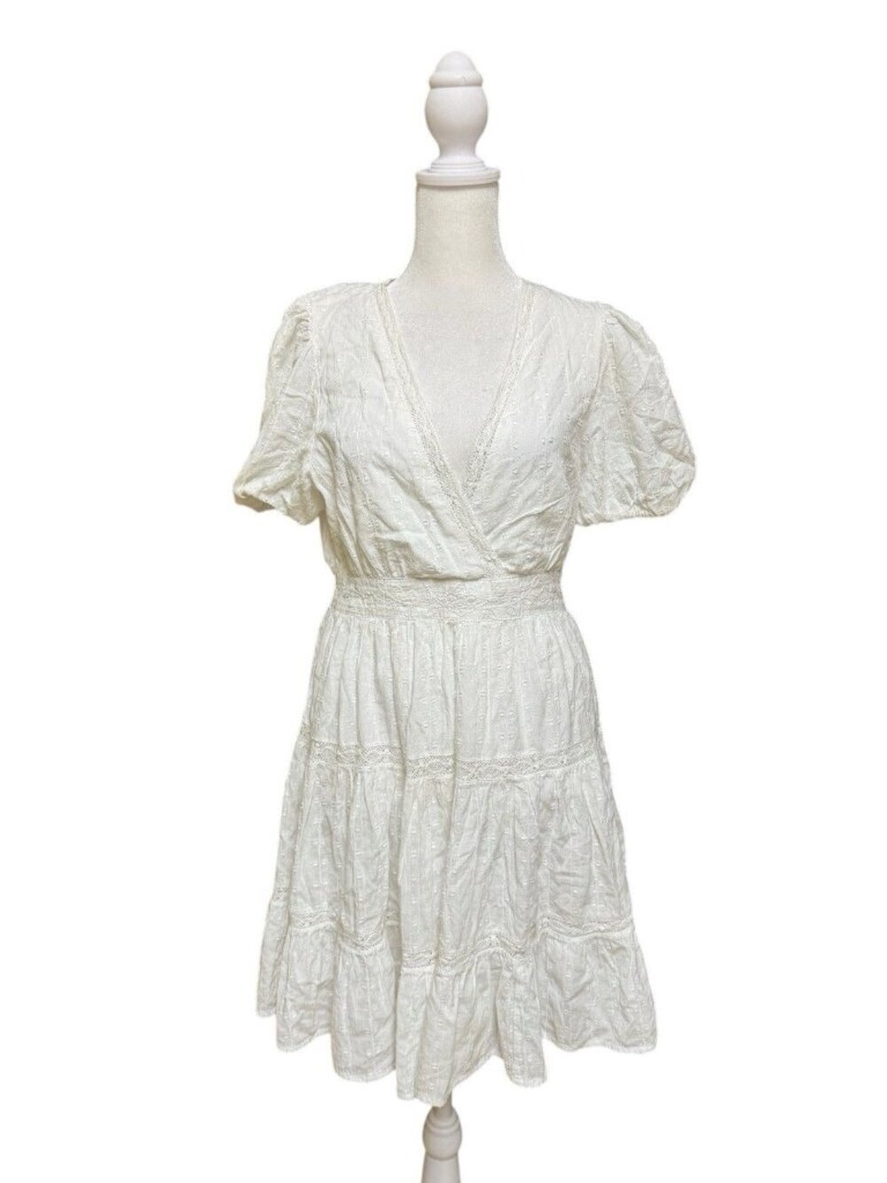 Zara White Cotton Mini Dress Puff Sleeve Boho Tiered Size M